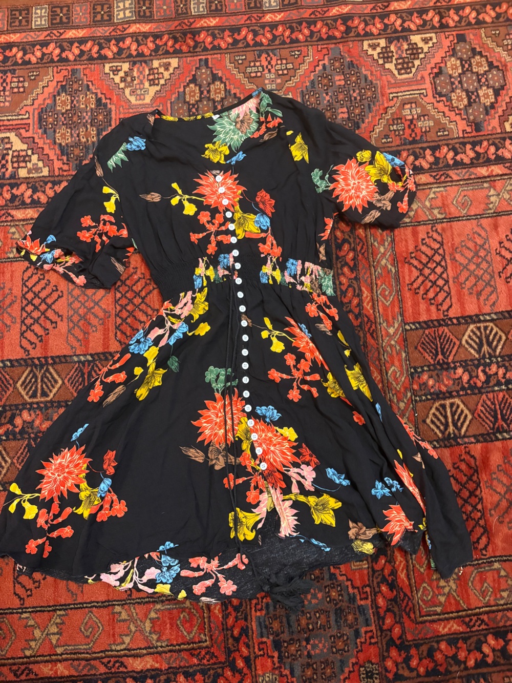 Black Floral Button-Front Midi Dress with Vibrant Blooms